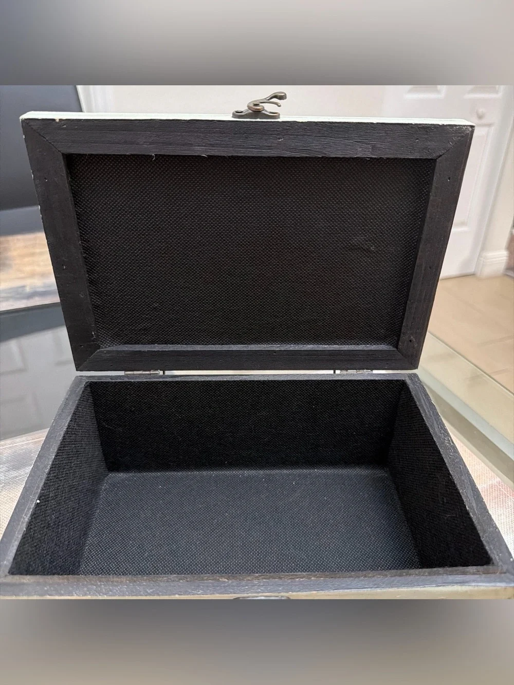 Distressed White Glass-Top Jewelry Box with Vintage Latch